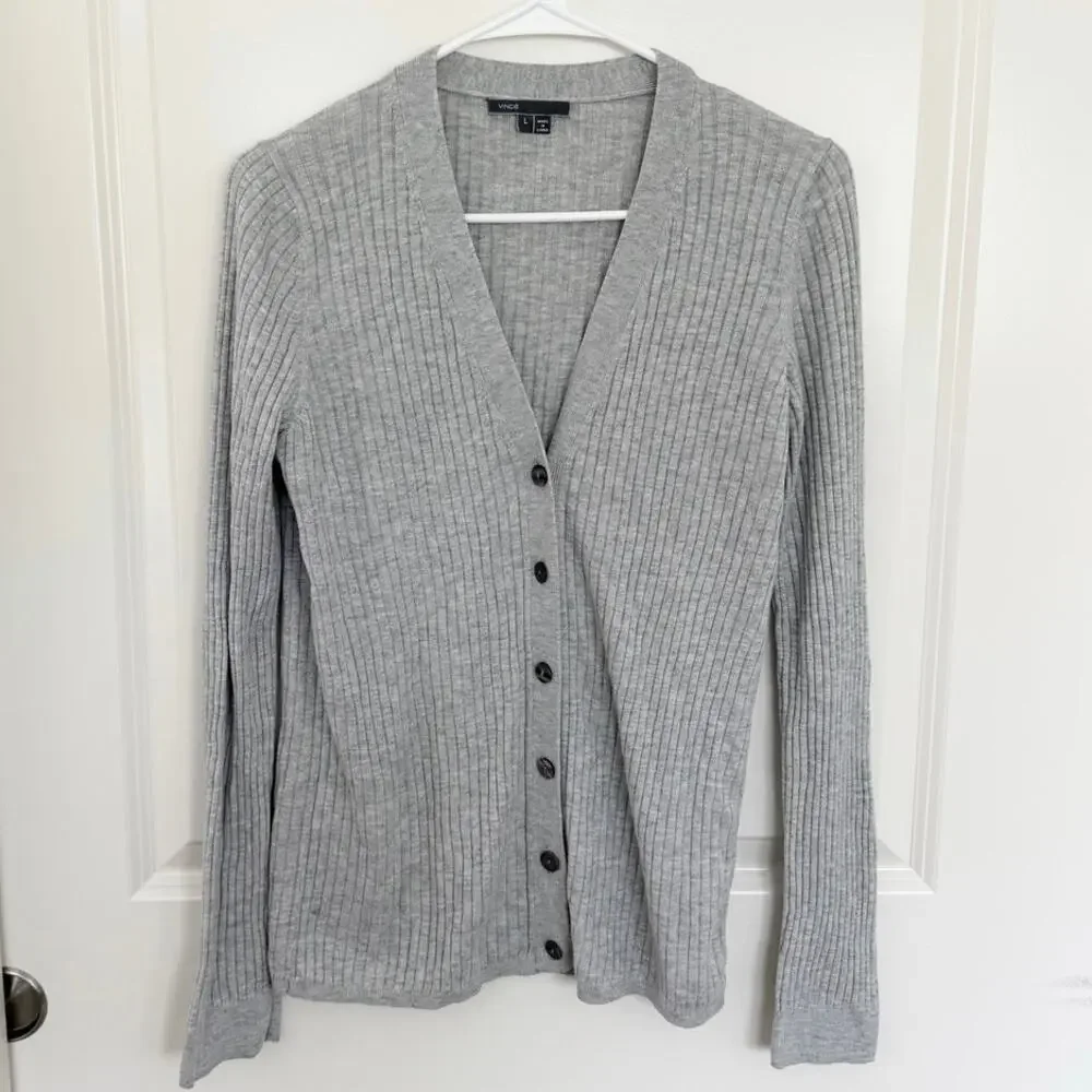 VINCE Skinny Ribbed Button Front Cashmere Blend Preppy Cardigan Gray Large